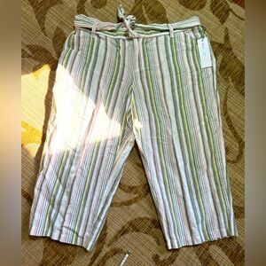 LIZ CLAIBORNE cropped pants, BNWT, multi stripe olive/pink/white, size XL